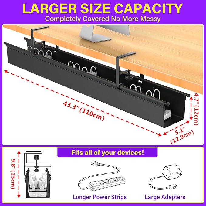Large Under Desk Cable Management Tray, REFLYING 43.7" Cable Management Under - Image 4