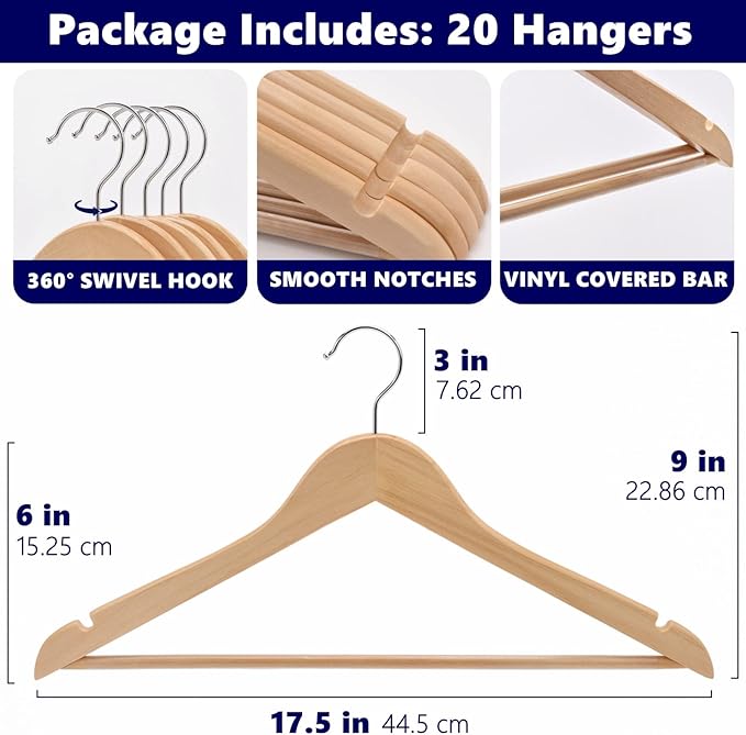 Amber Home 20 Pack Wooden Coat Hangers, Natural Wood Suit Hangers - Image 2