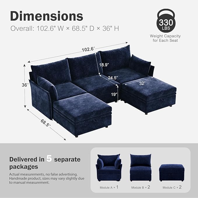 ABCASA 102.6" U Shaped Modular Sectional Sofa, 5 Seater Couch - Image 2