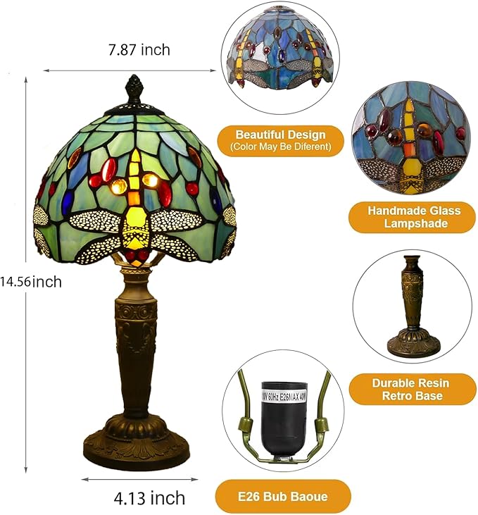 Tiffany Lamp Stained Glass Table Lamp 7.9X7.9X14.2 Inches Dragonfly Style Desk - Image 2