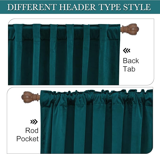 RYB HOME Teal Velvet Curtains 94 inches, Back Tab Soft Fabric Room Darkening - Image 3