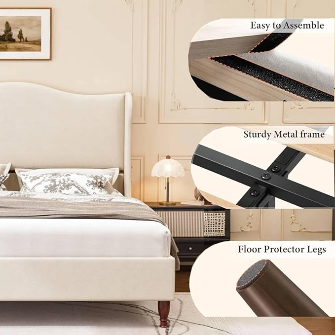 koorlian King Size Bed Frame Fully Upholstered Platform Bed - Image 5