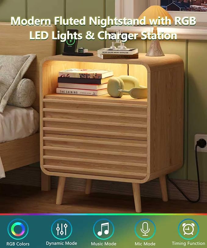 22.4"W Fluted Night Stand with 2 Drawers and Opening Shelf, RGB Nightstand with - Image 5