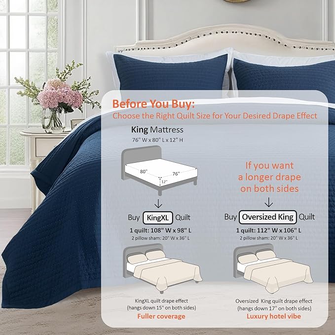 KASENTEX King XL Quilt Set 108"x98" – Soft Washed 3-Layer Lightweight Bedspread - Image 3