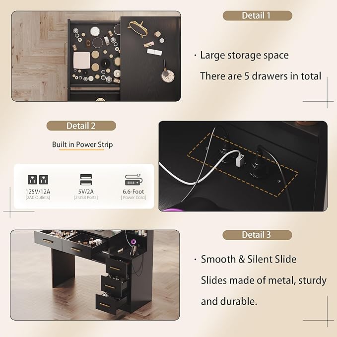 Makeup Vanity with Lights & Charging Station, Bedroom Makeup Dressing Table Set - Image 4