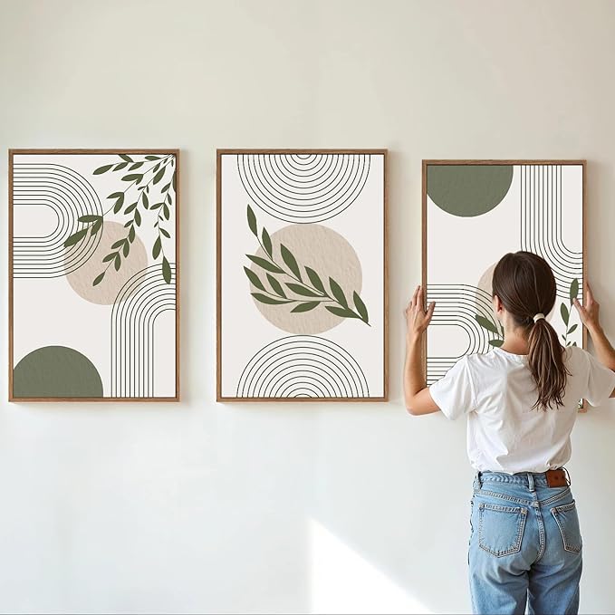 Yeehomedec Boho Sage Green Framed Canvas Wall Art, Mid Century Modern Wall Decor - Image 2