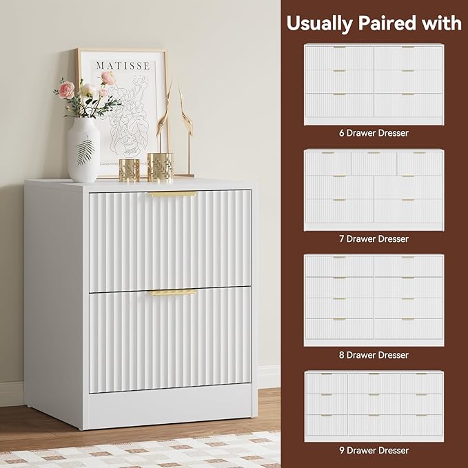 9 Drawer Dresser & Nightstand Set 3-Piece, 63” Wide White Fluted Dresser and - Image 6