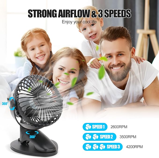 Portable Clip Fan Battery Operated, 3 Speeds USB Rechargeable Mini Table Fan - Image 2