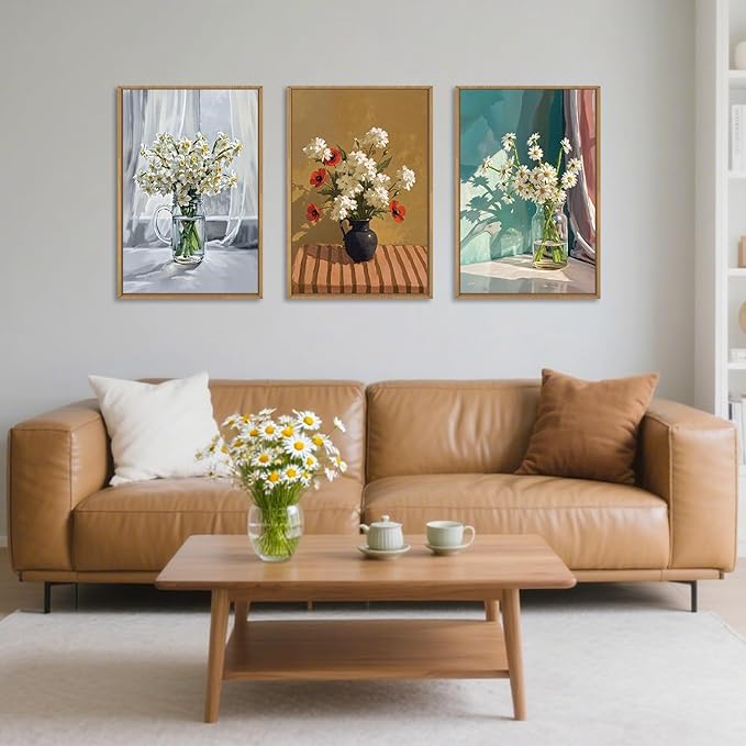 LHIUEM Large Vintage Botanical Floral Framed Canvas Wall Art Set, Boho White - Image 2