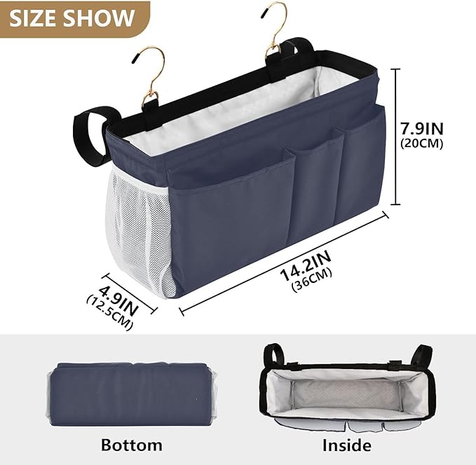 KOPIRIT Navy Grey Bedside Caddy Storage Bag Bedside Organizer - Image 4