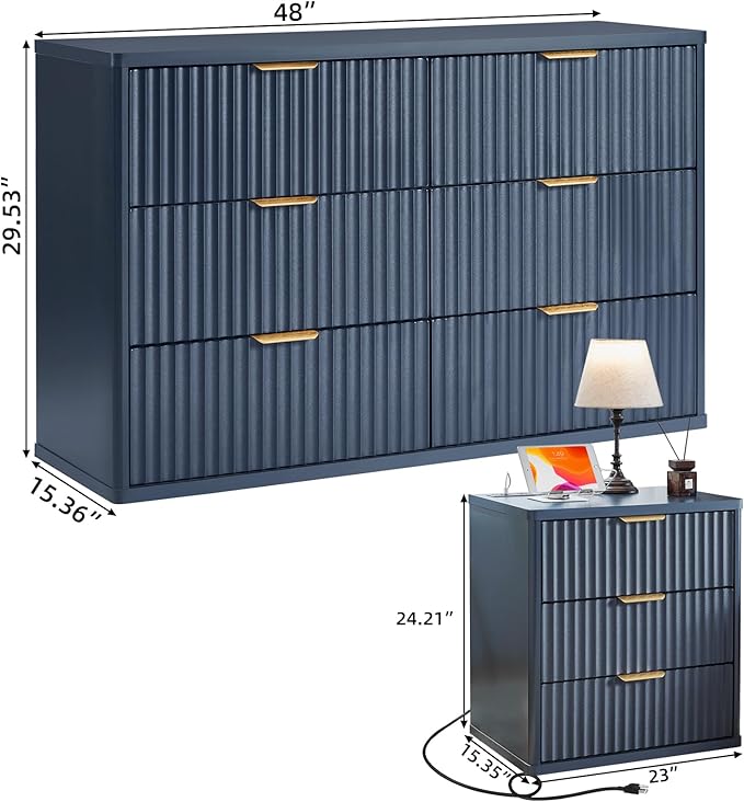 LEYAOYAO 48" Wide Fluted Dresser and 3 Drawers 23" Nightstand Set of 2 - Image 3