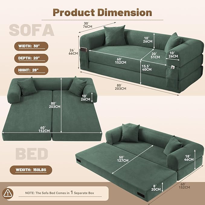 80" Convertible Sofa Bed, Corduroy Folding Sleeper Sofa Bed Queen - Image 3