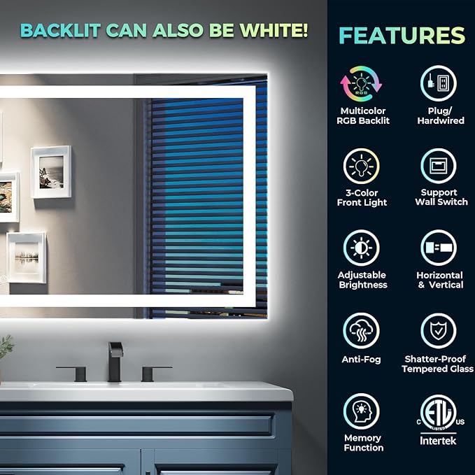 YEELAIT 65x36 Inch RGB LED Bathroom Mirror Front Light and RGB Backlit Lighted - Image 2