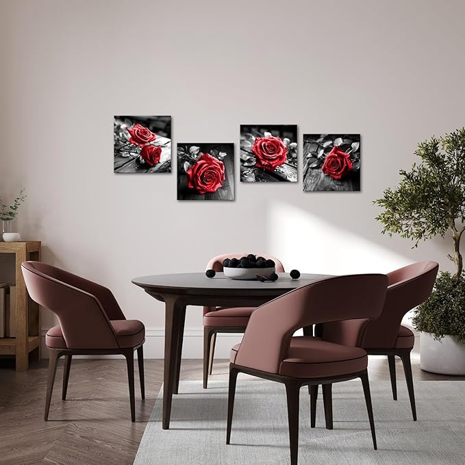 VANSEEING 4 Pieces Red and Black Rose Flower Canvas Wall Art Floral Pictures - Image 3