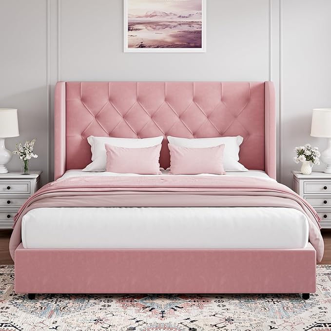 HOMBCK Pink Queen Bed Frame, Upholstered Platform Bed Frame - Image 3