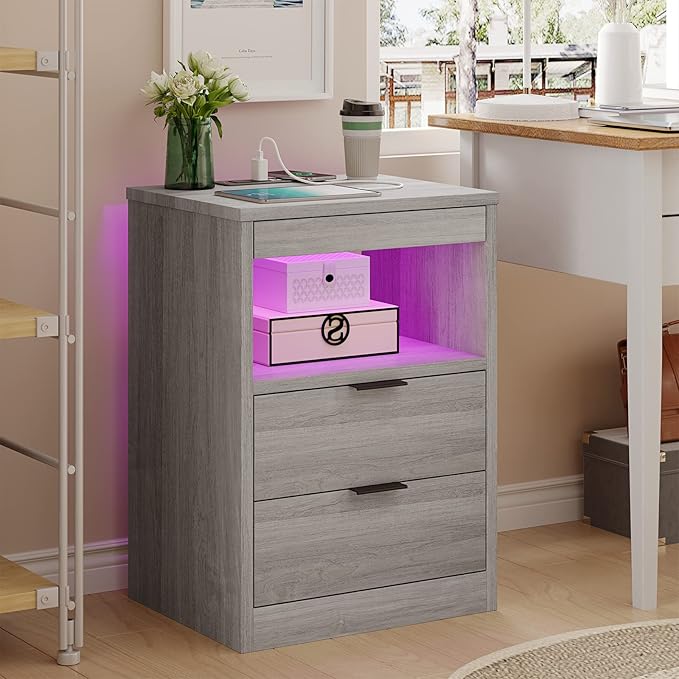 Tiptiper LED Nightstand with Wireless Charging Station, Farmhouse Nightstand - Image 6