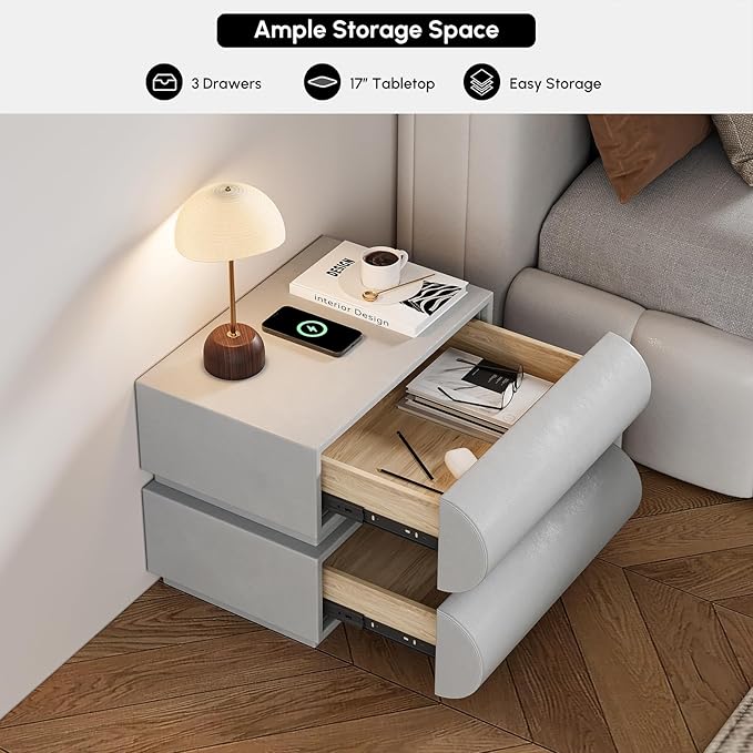 homary Smart Nightstand Modern Light Gray Leather Nightstands - Image 2
