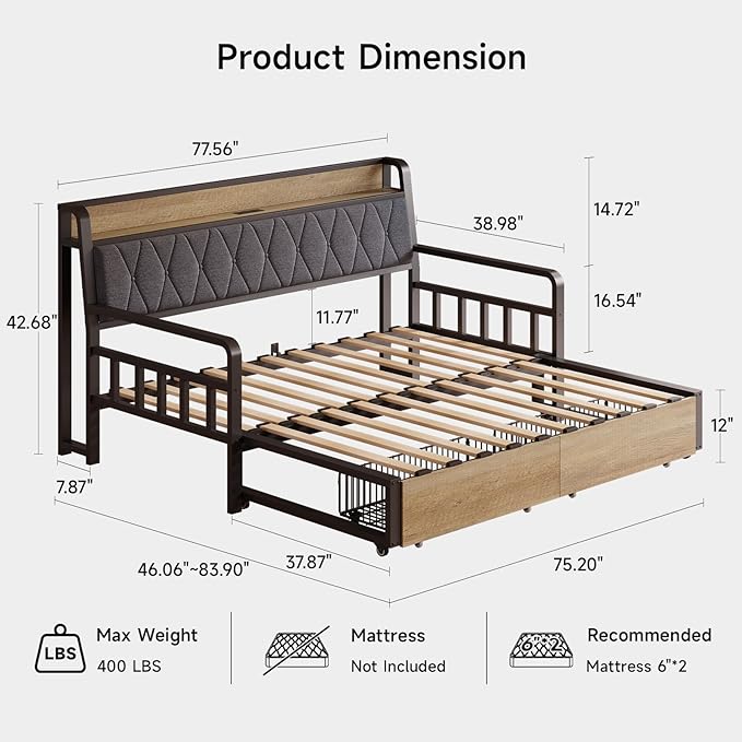 ONBRILL Twin Daybed with Trundle, Twin to King Daybed with Pop up Trundle - Image 2