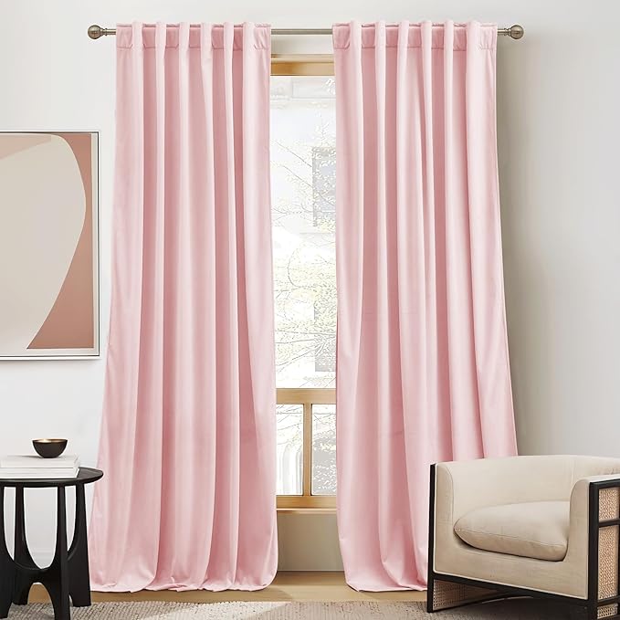 RYB HOME Baby Pink Velvet Curtains 84 inches, Back Tab Soft Fabric Room by RYBHOME