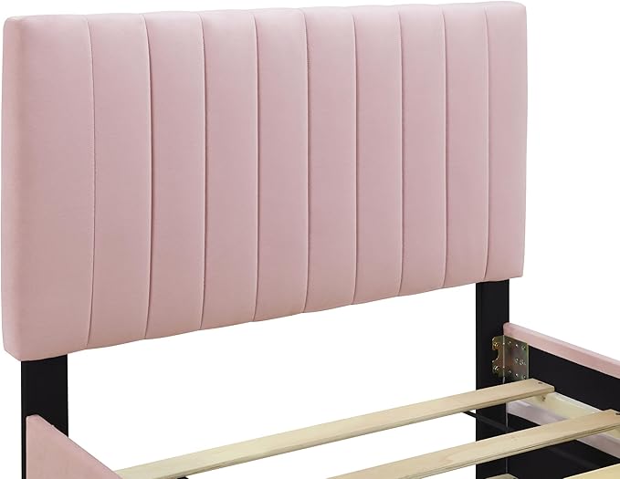 Twin Size Bed Frame with Trundle Bed, Velvet Upholstered Bed Frame, Twin Size - Image 6