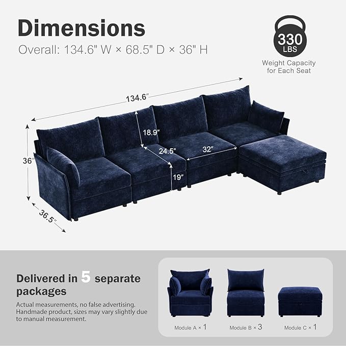 ABCASA 134.6" Luxury Modular Sectional Convertible Sofa - Image 2
