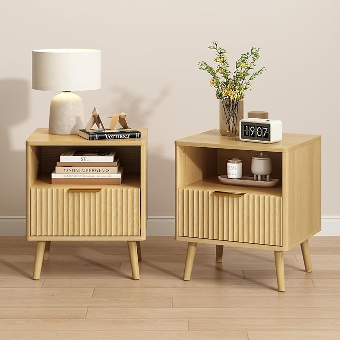 CARPETNAL Fluted Nightstand, Oak Bedside Table - Image 8