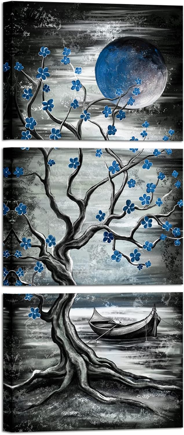 KREATIVE ARTS 3 Piece Full Moon Tree Canvas Wall Art Modern Abstract Black and by KREATIVEARTS