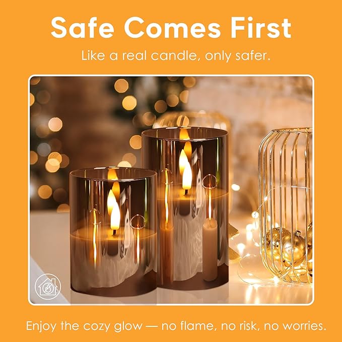 Eywamage Smoke Grey Glass Flameless Pillar Candles - Image 5
