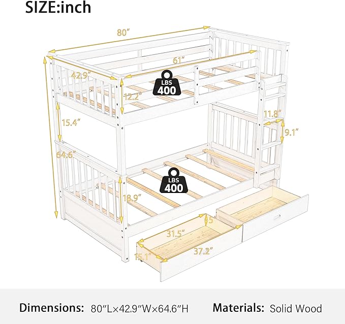 Merax Wood Bunk Bed with Drawers, Convertible Wood Bunk Bed with Ladders and - Image 2