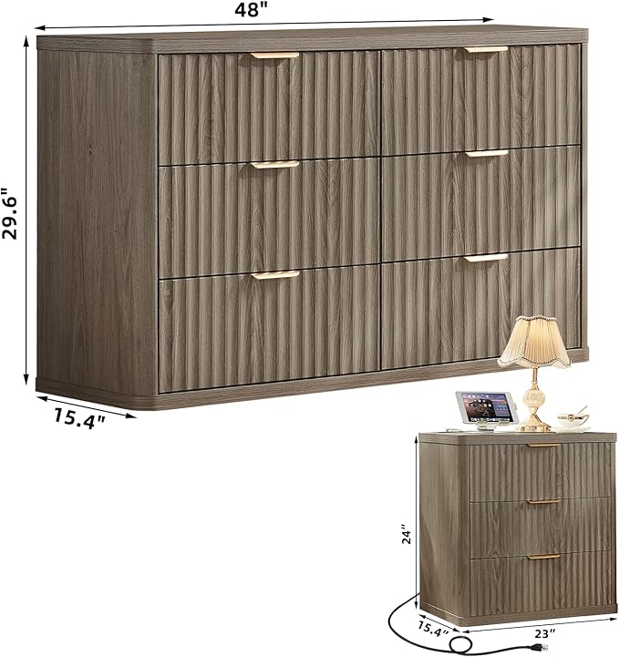 LEYAOYAO 48" Wide Fluted Dresser and 3 Drawers 23" Nightstand Set of 2 - Image 3
