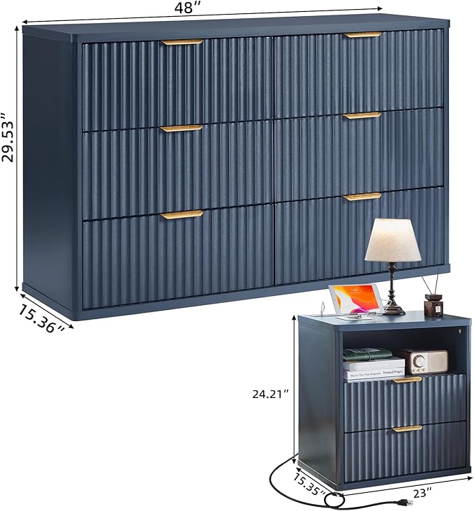 LEYAOYAO 48" Wide Fluted Dresser and 2 Drawers 23" Nightstand Set of 2 - Image 3