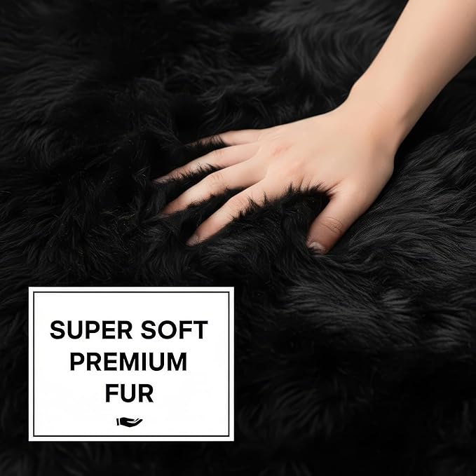 Super Area Rugs Black Sheepskin Rug Genuine Single 2x3ft Pelt Fluffy Fur Seat - Image 6