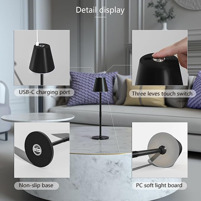2 Pack LED CordlessTable Lamp, 4000mAh Rechargeable Battery Desk lamp, 3 Level - Image 8