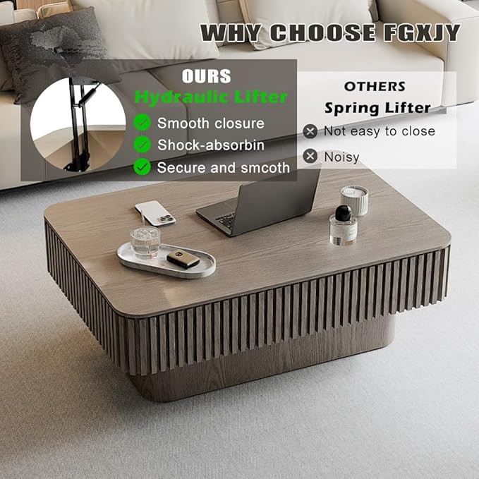 Lift Coffee Table with Storage & Adjustable Height, Rectangle Solid Wood Coffee - Image 5
