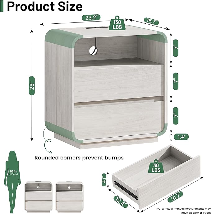 White Nightstand with Charging Station, Modern End Table with 2 Storage Drawers - Image 3