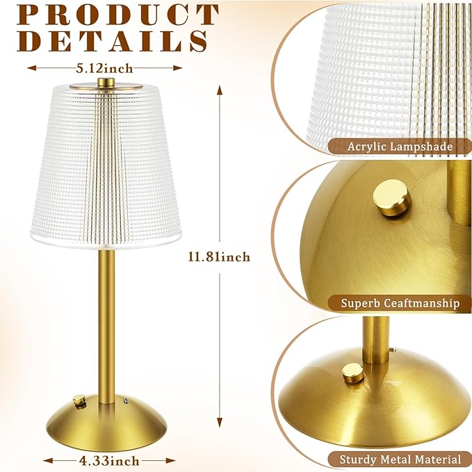 Liliful 2 Pcs Cordless Table Lamp Rechargeable Touch LED Small Gold Portable - Image 2