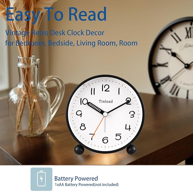4.5" Antique Retro Analog Alarm Clock, Small Silent Battery Operated Clock - Image 2