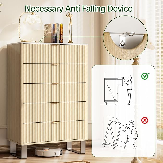 Fluted 5 Drawers Dresser, Wood Storage Organizers - Image 9