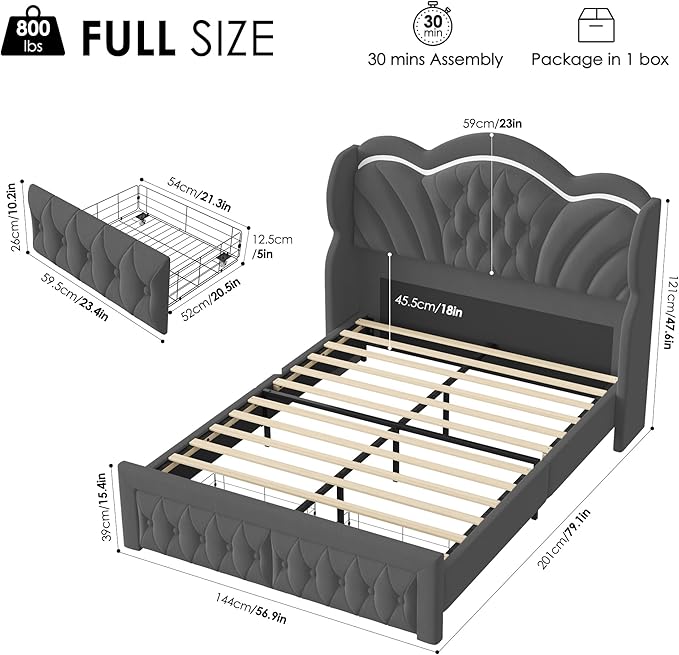 Keyluv Full Bed Frame with LED Lights and 2 Storage Drawers, Velvet Upholstered - Image 2