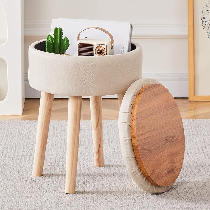Mxfurhawa Storage Ottoman Linen Round Vanity Stool Tray Top Modern Foot Stool - Image 9