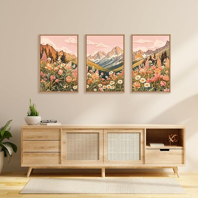 LHIUEM Large Abstract Colorful Mountain Framed Canvas Wall Art, Boho Pink - Image 4