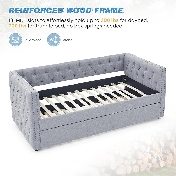 Antetek Daybed with Trundle, Upgraded Linen Upholstered Twin Size Day Bed - Image 6