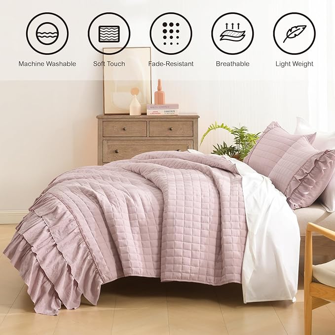 HORIMOTE HOME Dusty Pink Ruffled Quilt Set Queen Size, Classic Geometric Square - Image 2