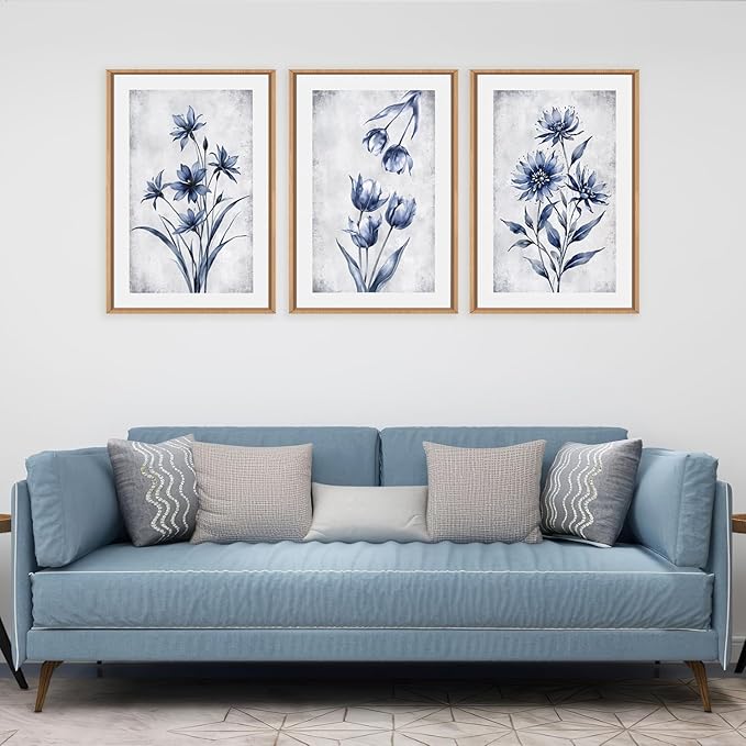 LHIUEM Navy Blue and Grey Flower Framed Canvas Wall Art Set, Modern Botanical - Image 3