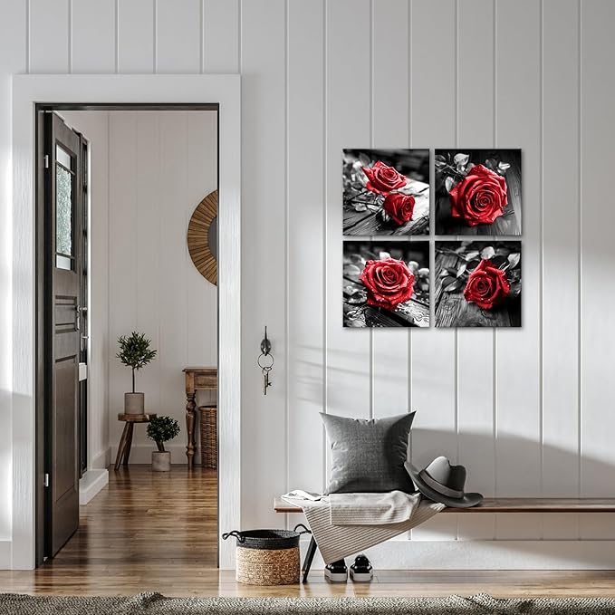VANSEEING 4 Pieces Red and Black Rose Flower Canvas Wall Art Floral Pictures - Image 5
