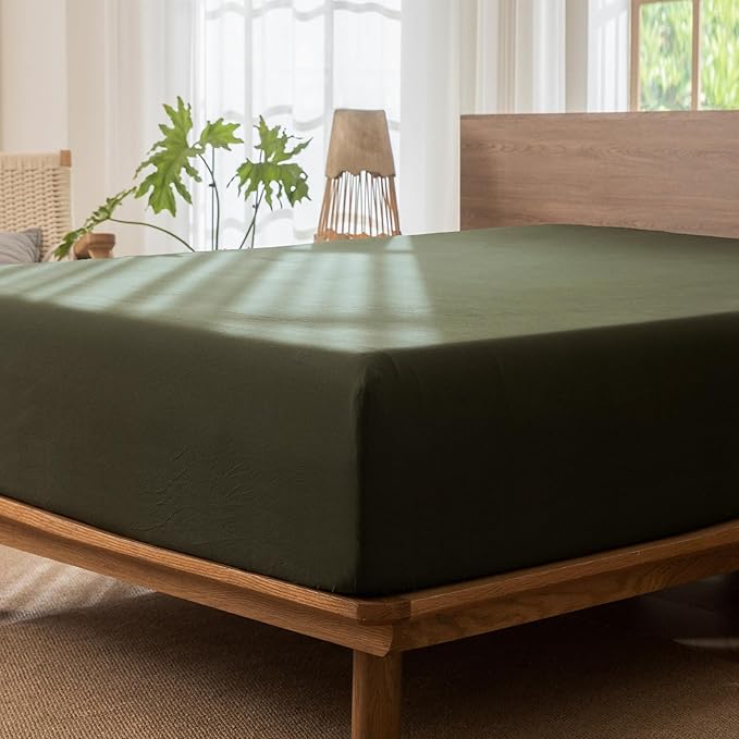 MooMee Fitted Bottom Sheet Only 100% Washed Cotton Linen Like Textured by MOOMEE