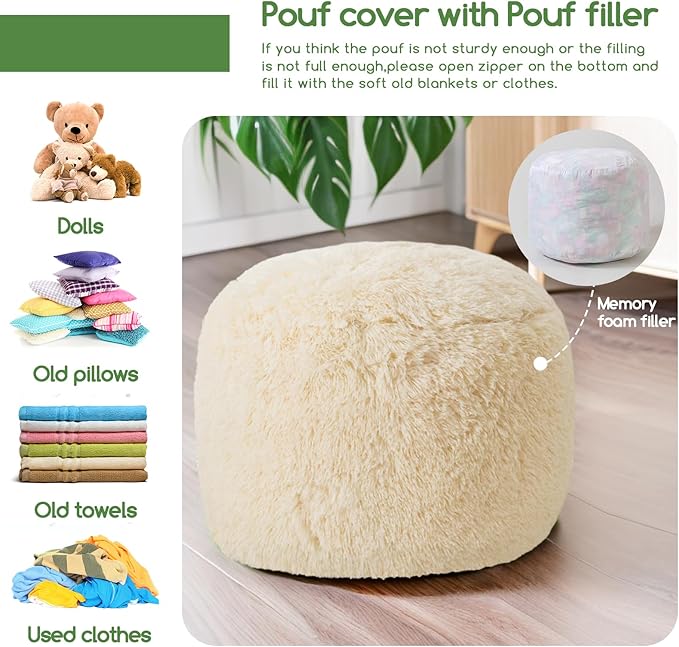 HIGOGOGO Round Stuffed Pouf Ottoman, Long Faux Fur Poufs - Image 4