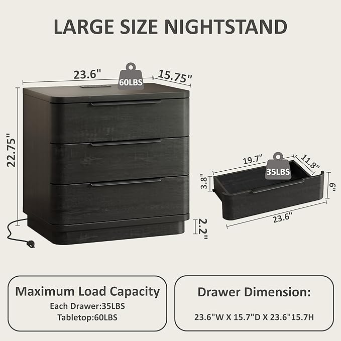 Black Nightstands Set of 2, Bedside Table - Image 2