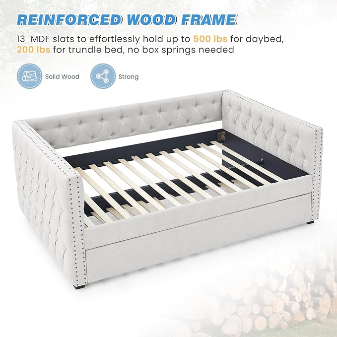 Antetek Daybed with Trundle, Modern Upholstered Full Size Button-Tufted Sofa - Image 6