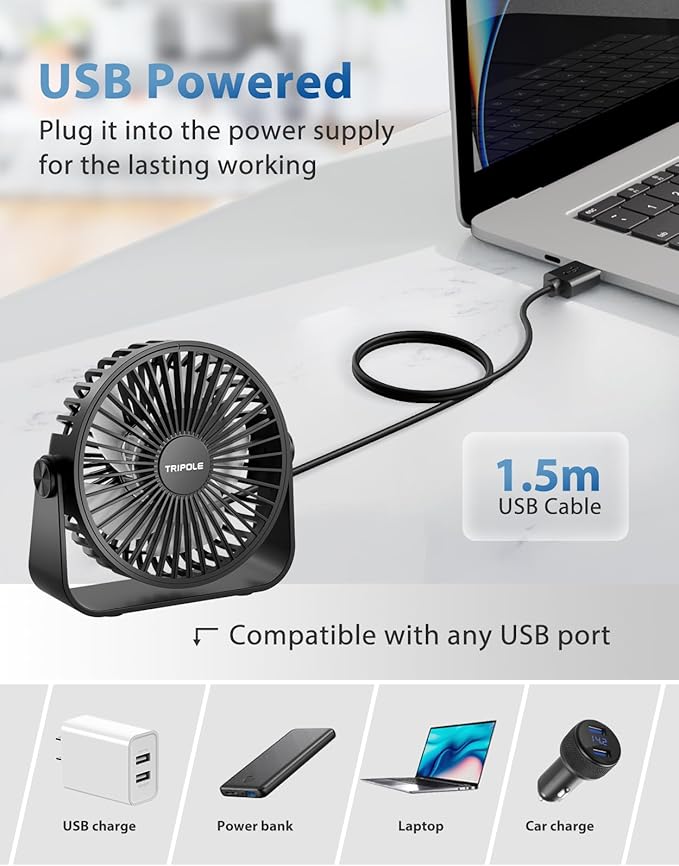 TriPole USB Desk Fan Portable Mini Fan Powerful 3 Speeds Wind Personal Desktop - Image 3